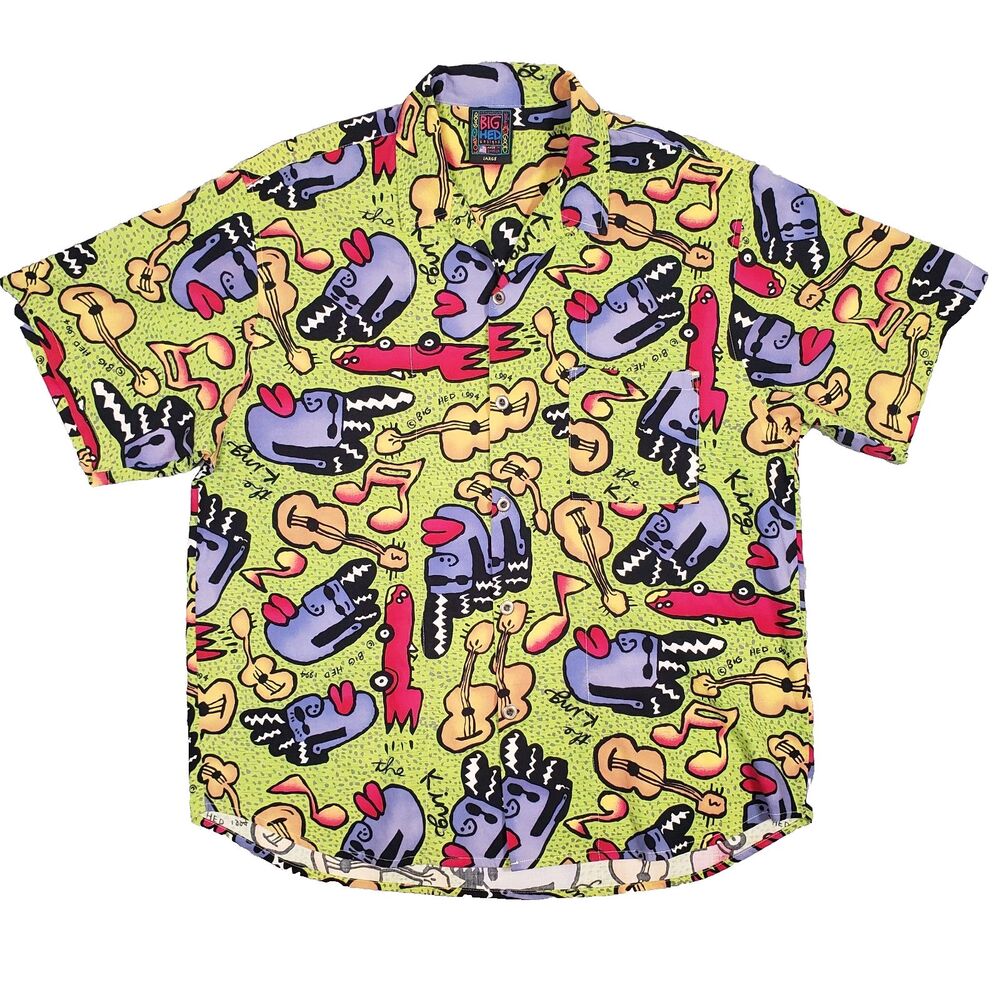 Vintage Big Hed Designs The King Elvis Camp Shirt Mens Large Green AOP 90s RARE!